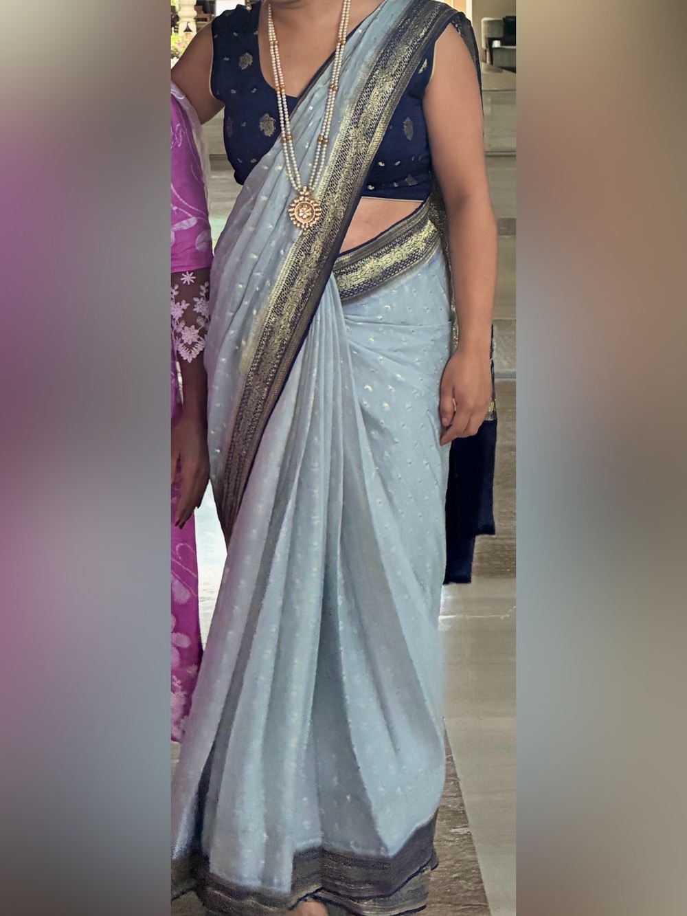 Light Blue Saree with Embroidered Gold Border